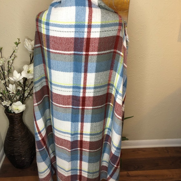 Plaid Blanket Scarf White Blue Gray Lime Green Red - Picture 7 of 7